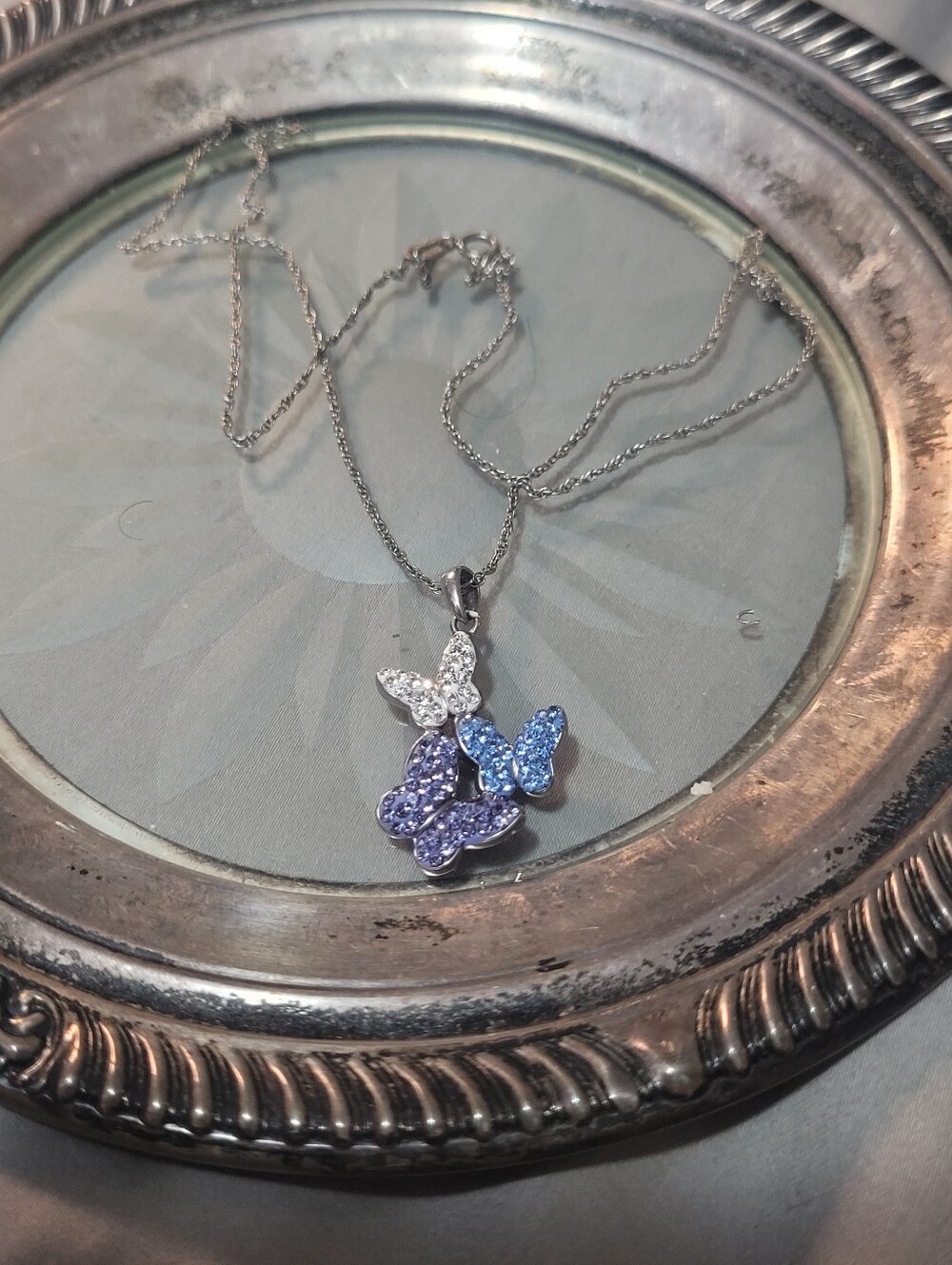 Sterling Silver Butterfly Pendant Necklace with Blue & Purple Crystals